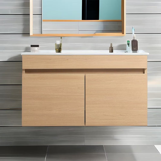 30"Wall Mounted Bathroom Vanity,White Ceramic Basin,Two Soft Close Cabinet Doors,Excluding faucets,Light Oak